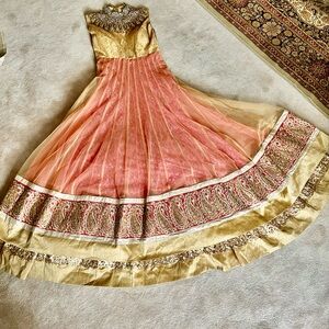 Elegant Gold and Pink Embellished Party Gown